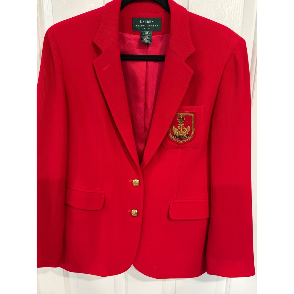 Woman's Vintage Lauren Ralph Lauren 10P Crest Red Blazer Gold Buttons Jacket USA